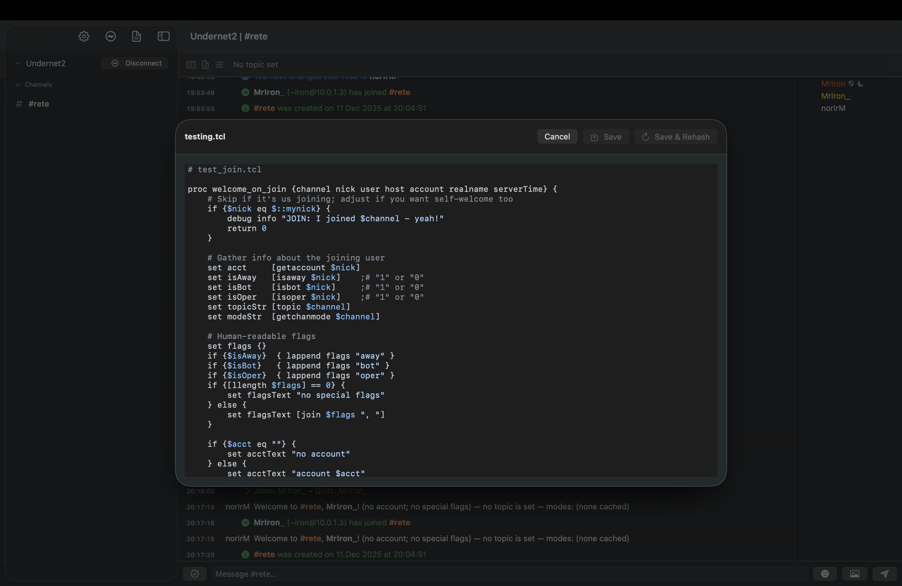 Rete’s built-in Tcl script editor